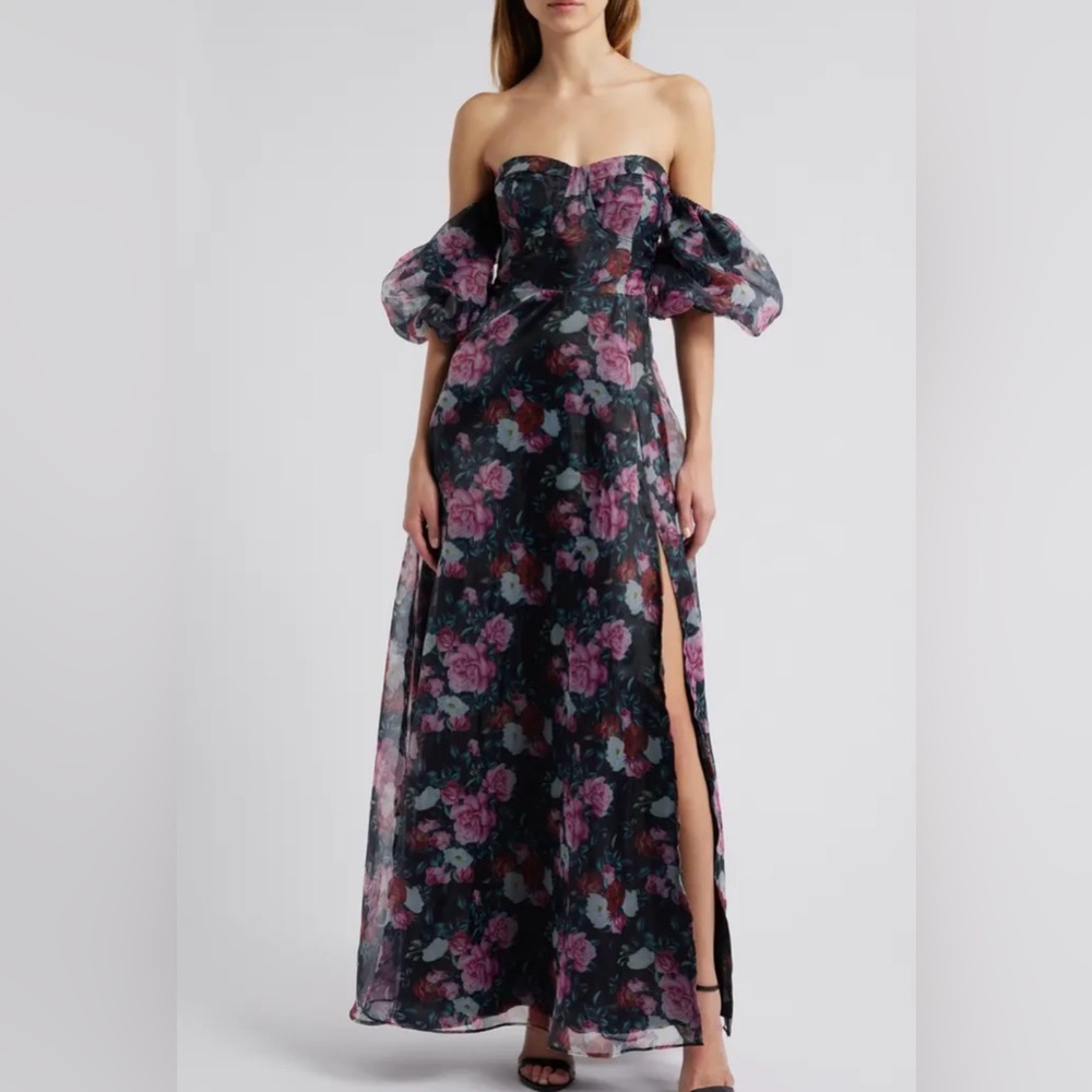 Lulus Floral Organza Puff Sleeve Off-Shoulder Maxi Dress BNWT